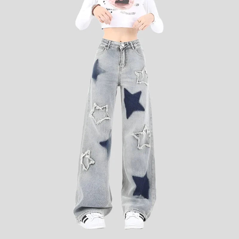 Blue Baggy Jeans with Five-Point Star Design Maxct