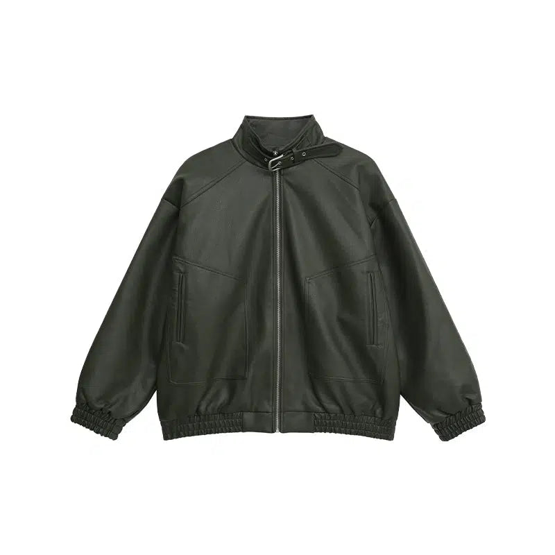 Maxct Buckle Stand Collar Motorcycle Leather Jacket