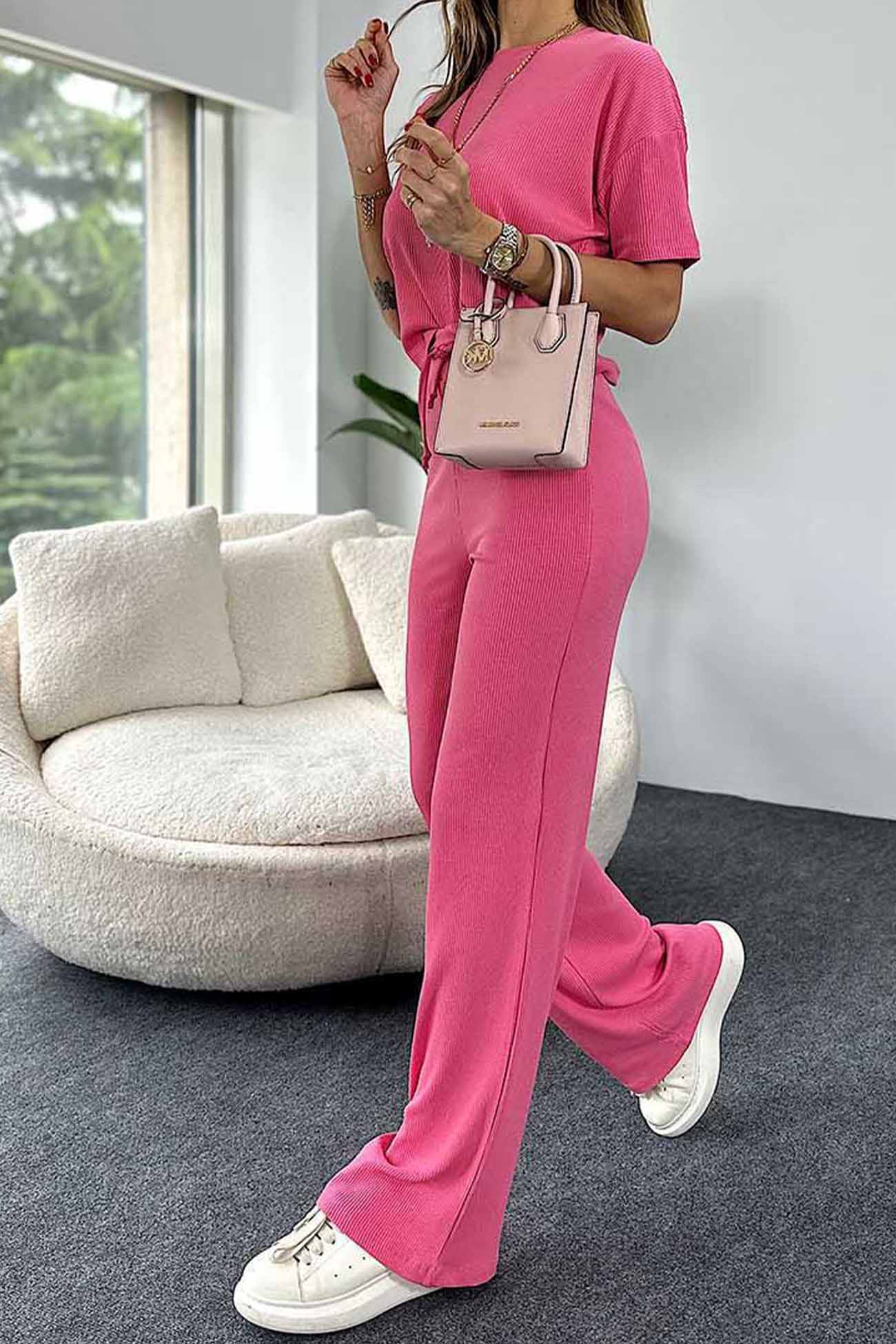 Maxct Ribbed Short Sleeve Drawstring Long Pants Set