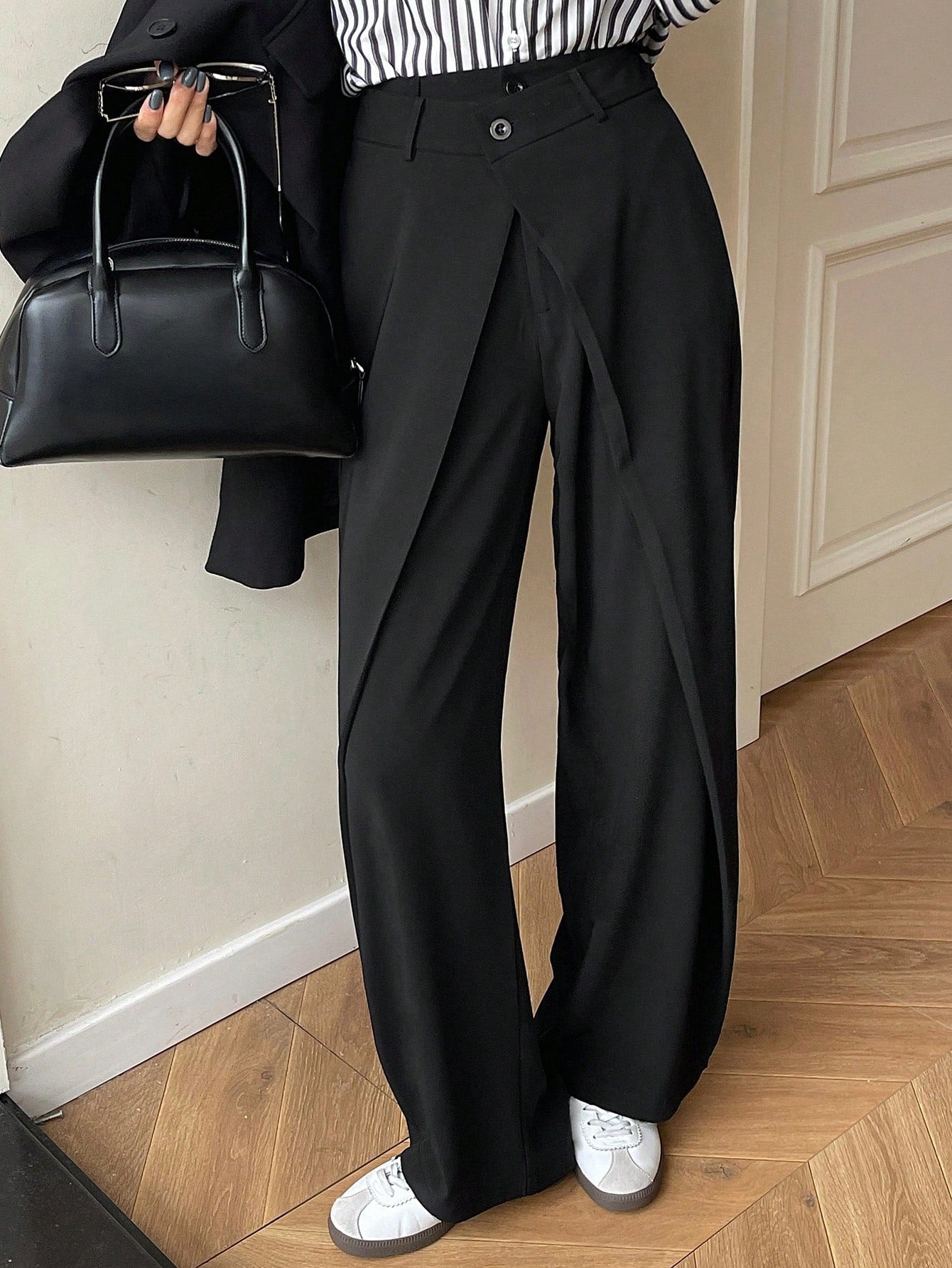 Maxct Solid Color Pleated Casual Straight Suit Pants