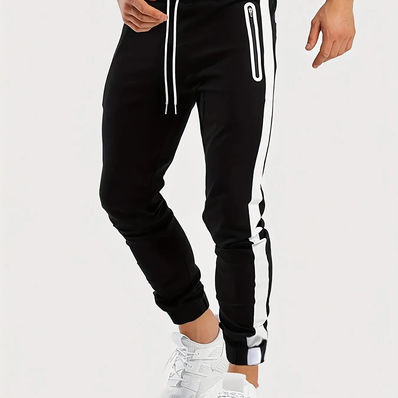 Maxct  Men's Chic Zipper Pockets Casual Pants, Waist Drawstring Stretch Joggers Sweatpants