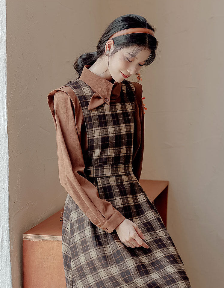 Crepe Plaid Pinafore Dress Set Maxct