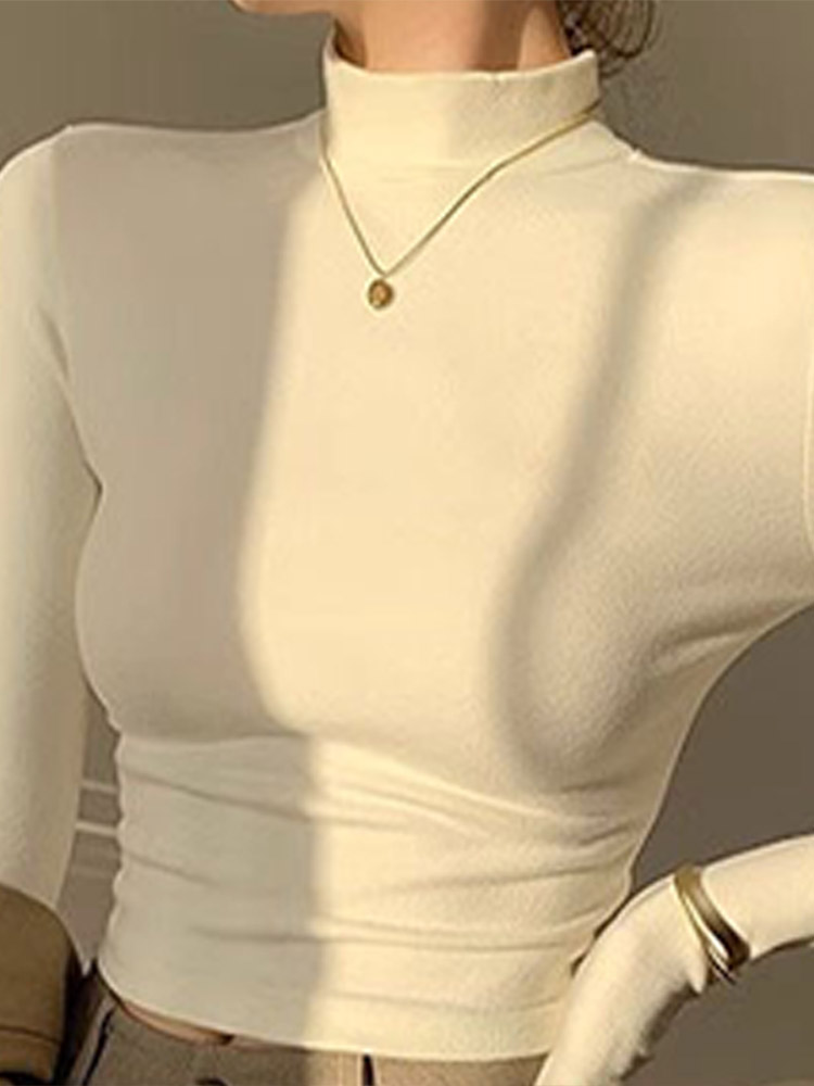 Maxct Double Sided Fleece Turtleneck Base Shirt Women Casual Slim Solid Long Sleeve Knitted Pullovers Lady Autumn Chic Thick Warm Tops