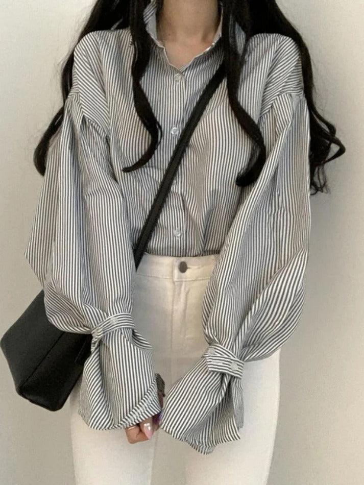 Maxct Stripe Lantern Sleeve Long Sleeve Blouse