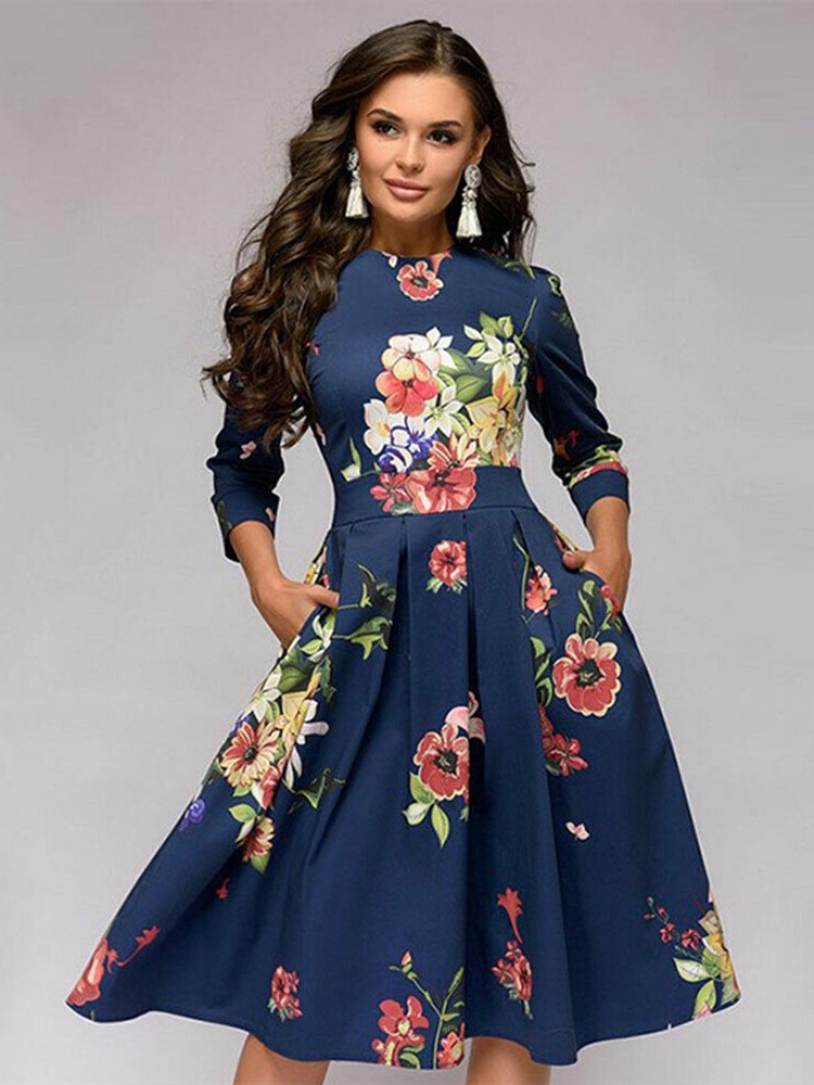 Maxct pleated tunic print dress women Elegant ladies A line dresses Long sleeve female autumn mixi party dress vestidos