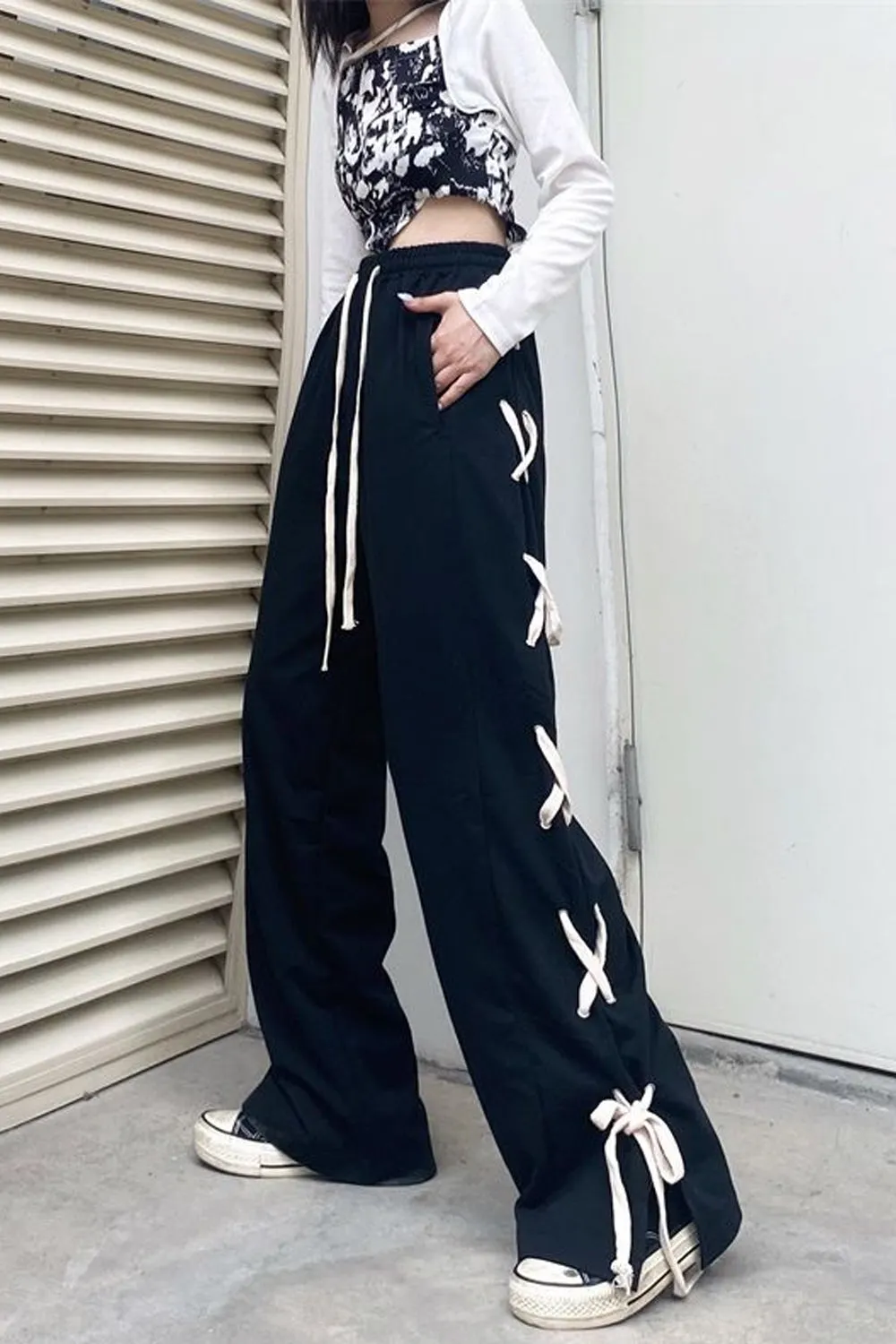 Women's Lace-Up Side-Tie Wide-Leg Joggers