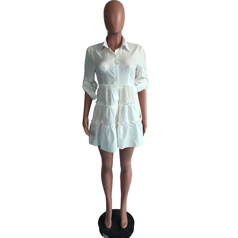 Solid Ruffles Shirt Dress Women Streetwear Half Sleeve Buttons Up High Waist Mini Dress Summer Casual Party Dresses