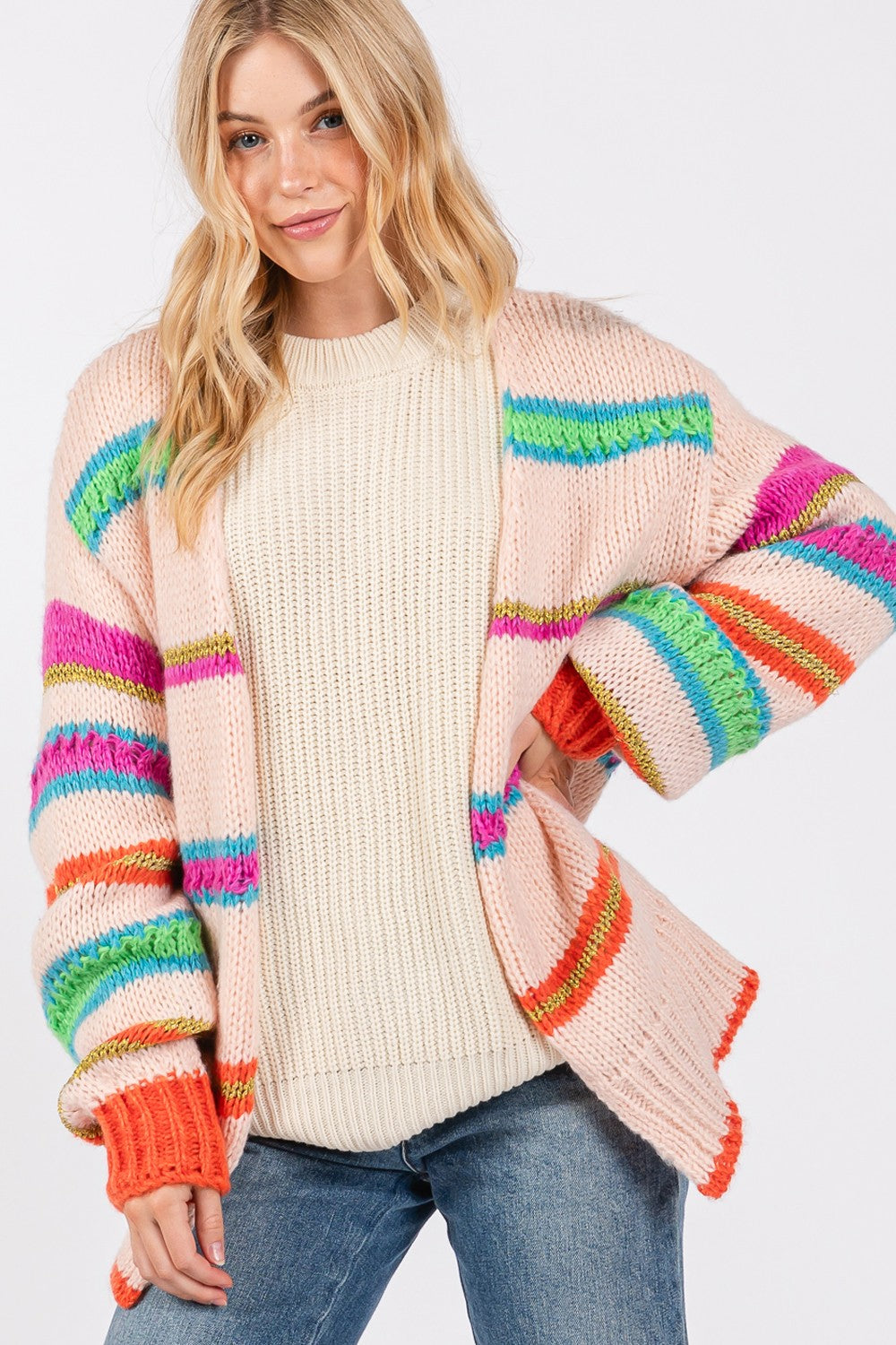 Maxct &SAGE + FIG Rainbow Striped Open Front Knit Cardigan