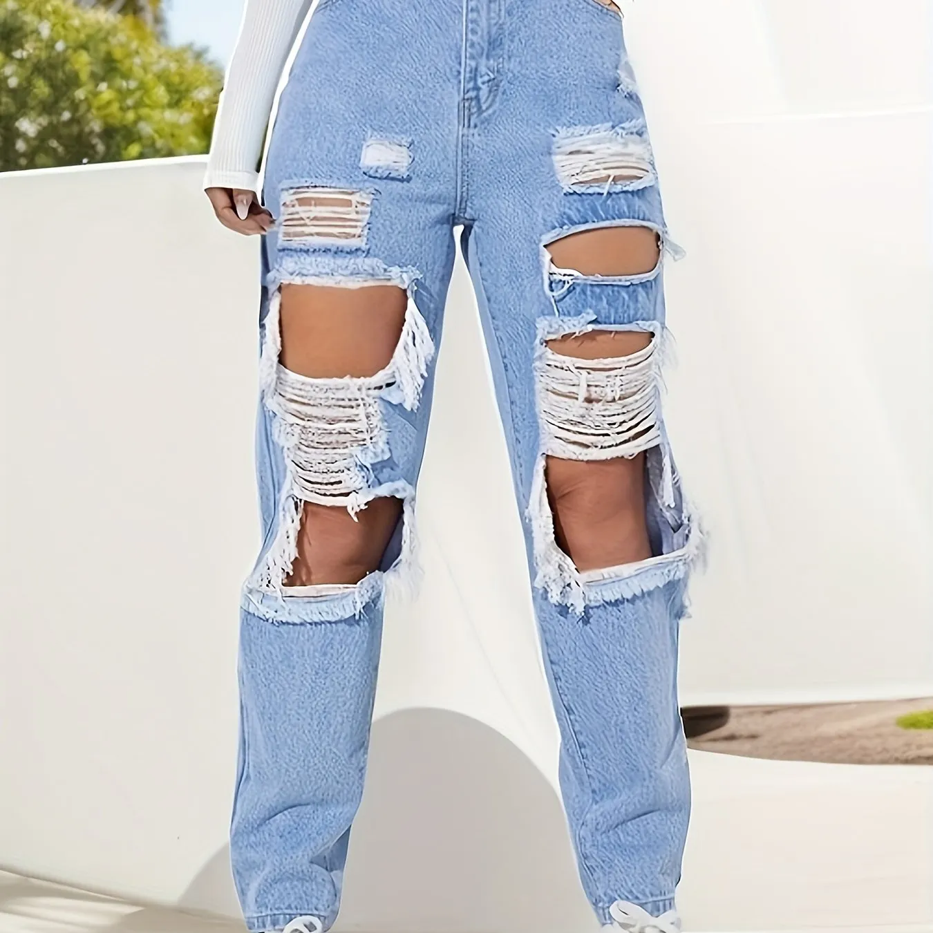 Ripped Knee Cut Destroyed Straight Leg Jeans, High Rise Light Wash Blue Slash Pockets Street Style Denim Pants, Women's Denim Jeans & Clothing