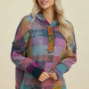 Maxct &Double Take Full Size Plaid Dropped Shoulder Fleece Hoodie