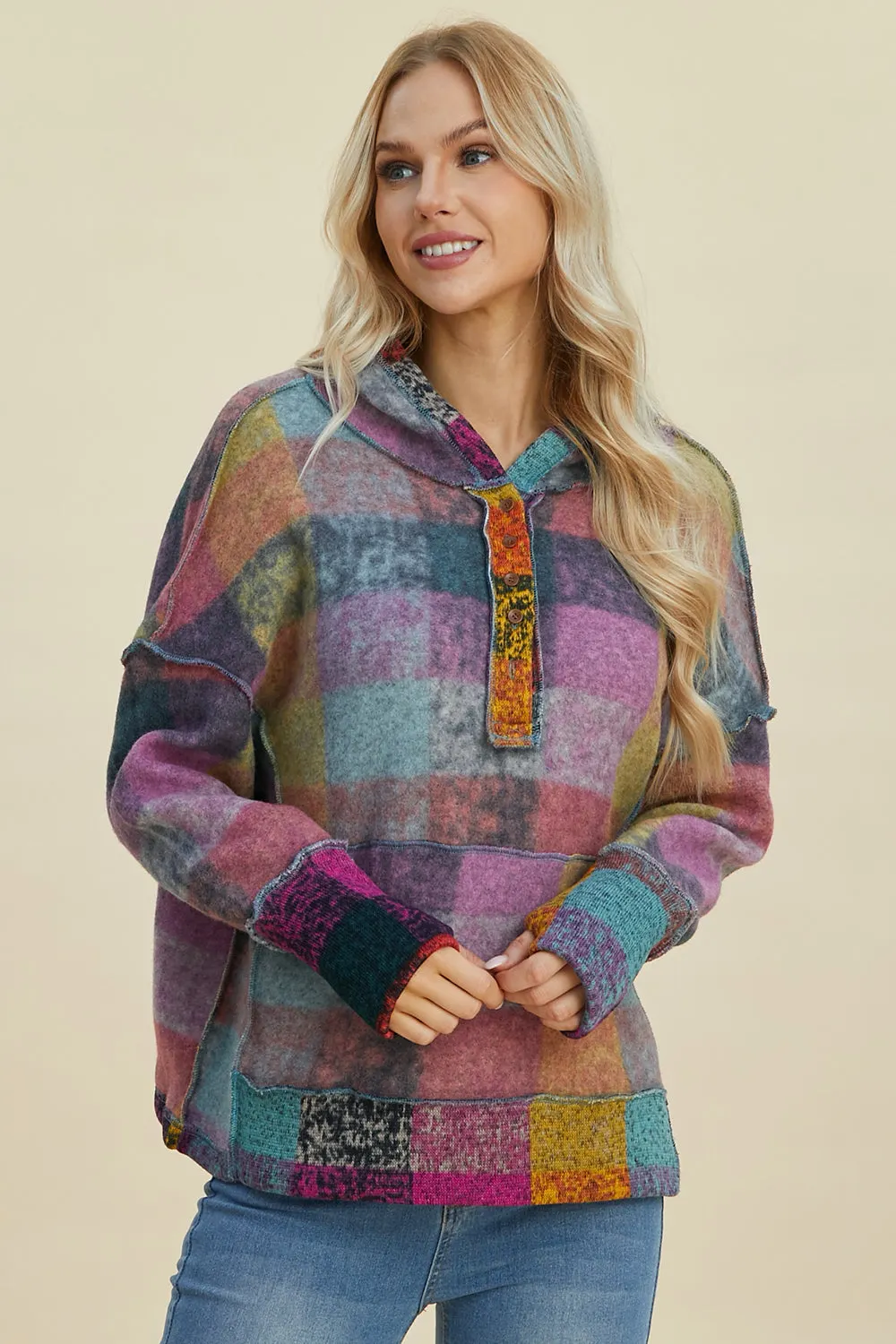 Maxct &Double Take Full Size Plaid Dropped Shoulder Fleece Hoodie
