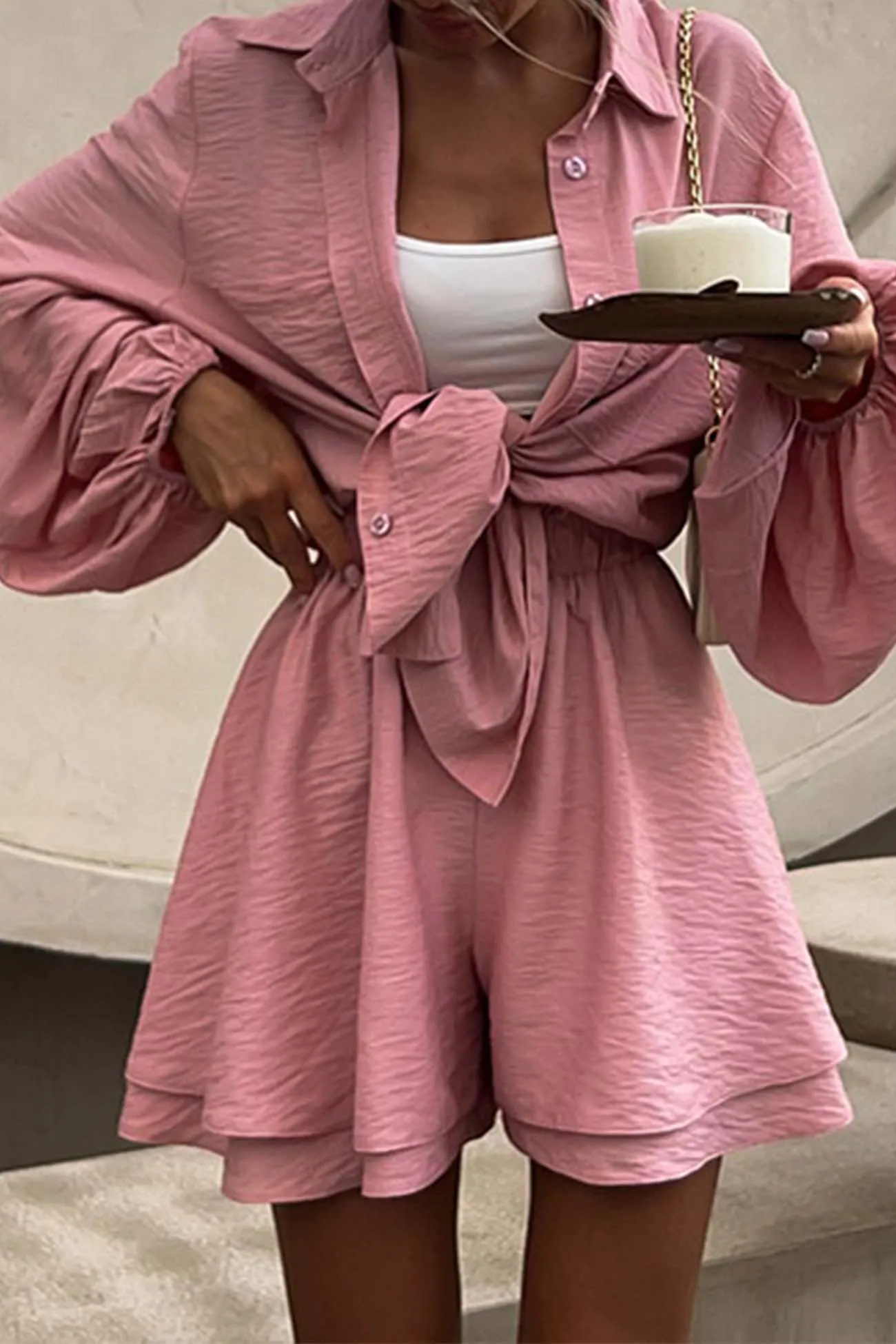 Maxct Solid Color Puff Sleeve Shirt Shorts Set