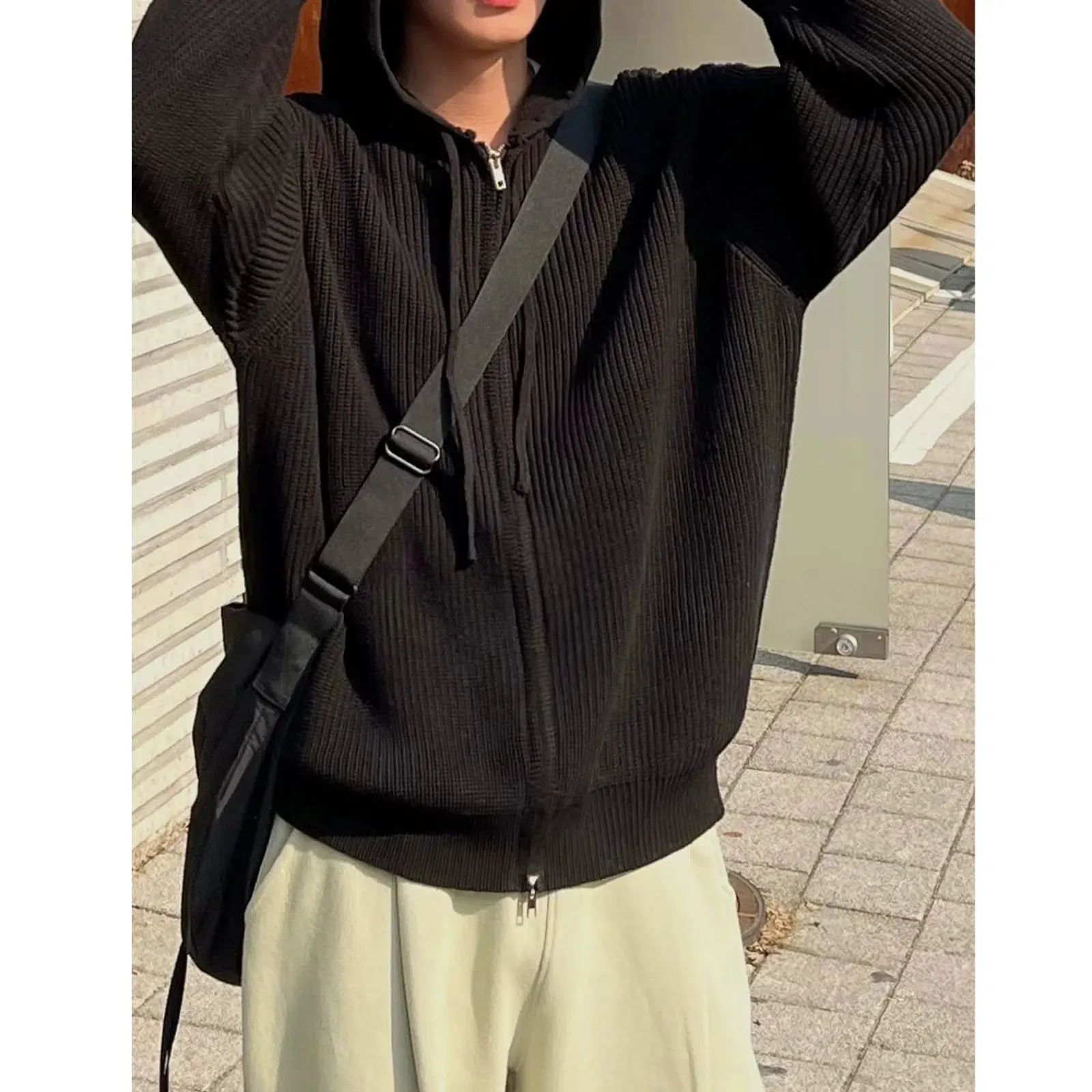 Maxct Double Zipper Hooded Pleated Sweater