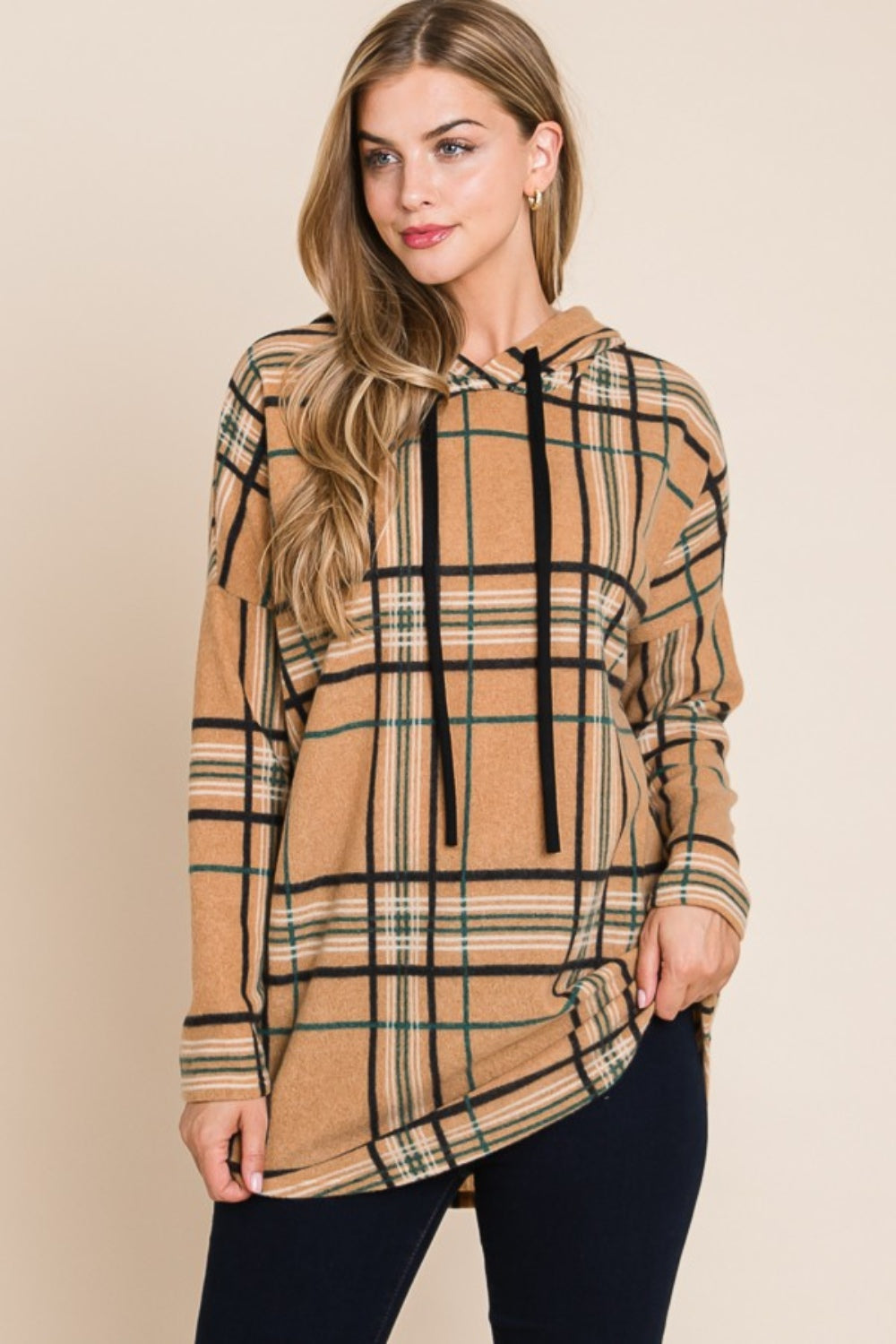 Maxct &BOMBOM Drawstring Plaid Long Sleeve Hoodie