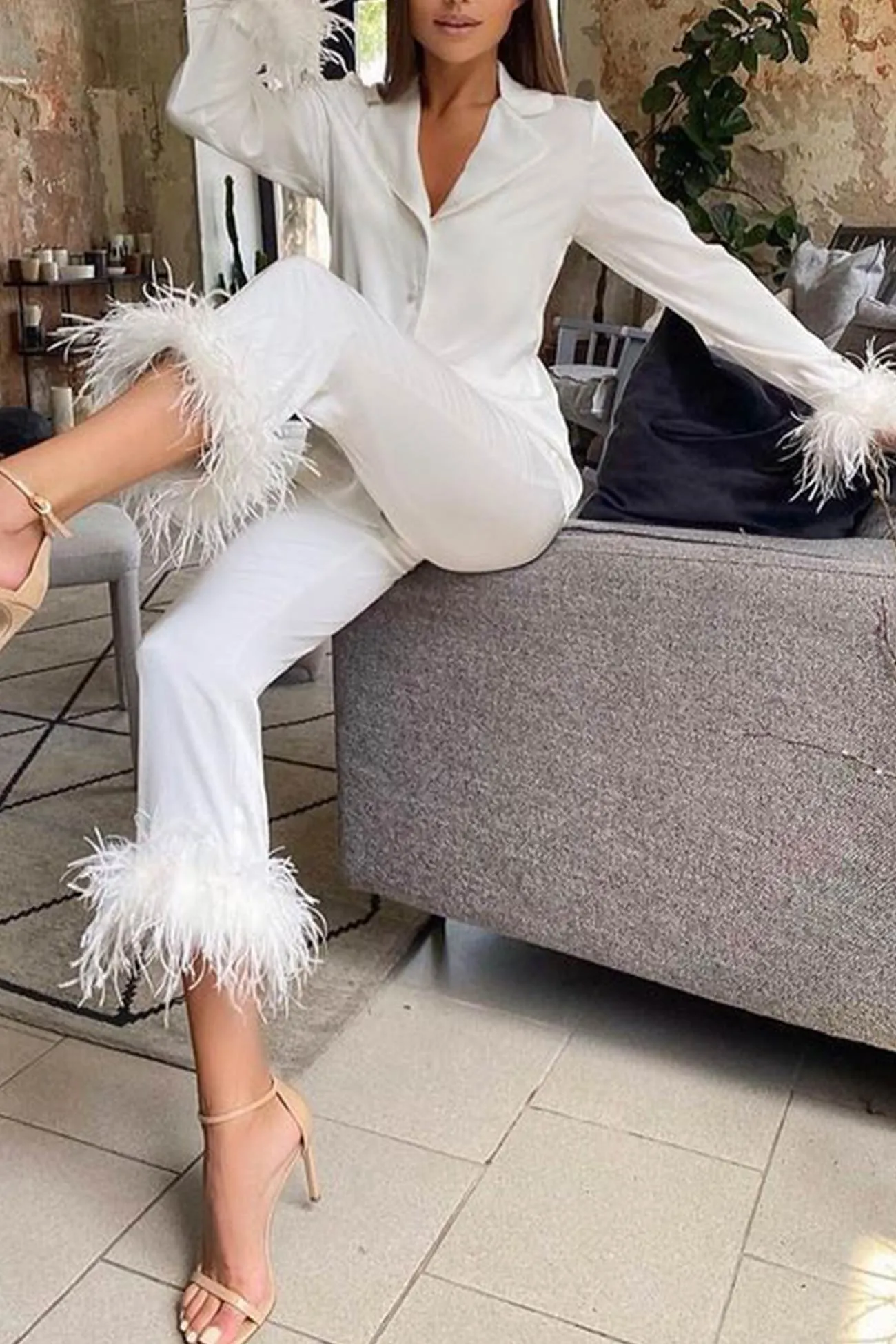 Maxct Lapel Feather Hem Two-piece Pants Set