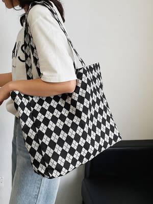 Plaid Pattern Letter Patch Decor Shopper Bag - Women Tote Bags