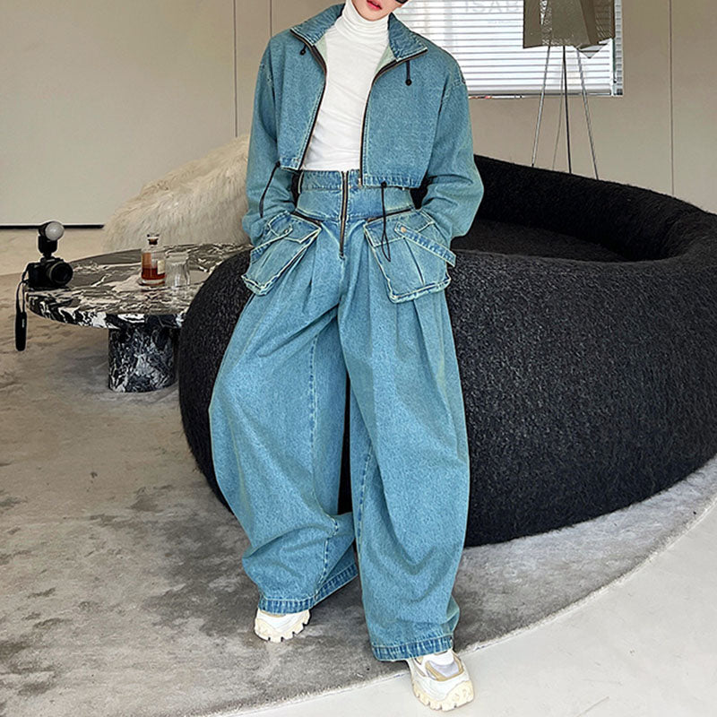 Maxct Loose Oversized Cropped Jacket Denim Set