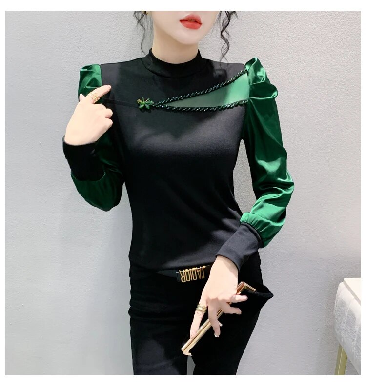 Maxct Women Full Puff Sleeve Beading Cotton T-shirts Girl Patchwork Contrast Color T Shirt Female Autumn Top