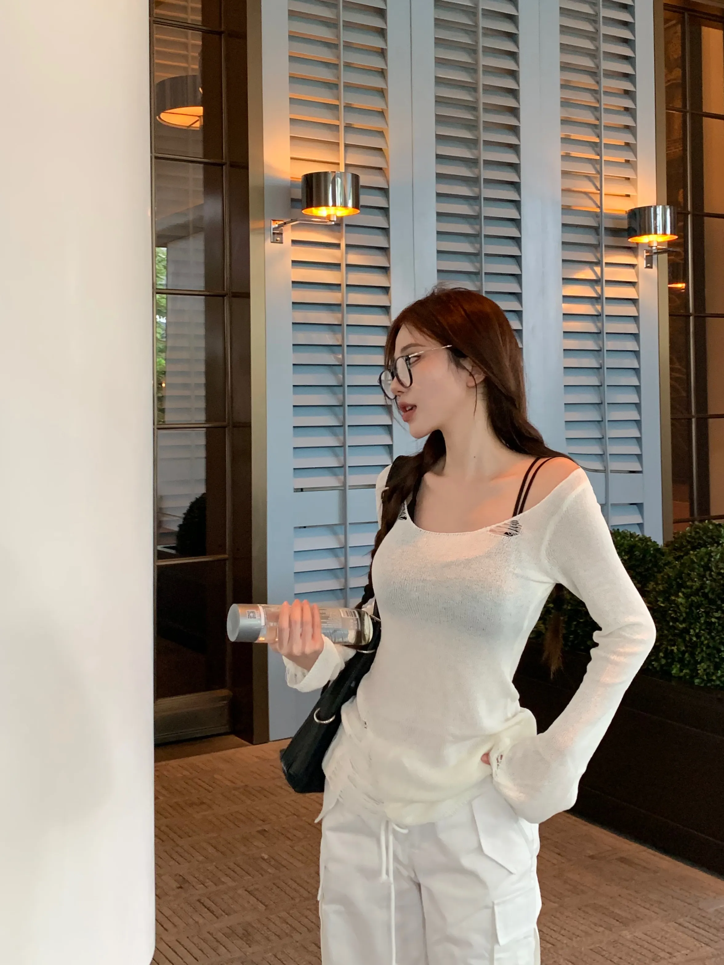 Maxct Korean Style Long-sleeved Ripped Thin Knitted Sunscreen Blouse T-shirt Tops With Small Tube Top Fashion Women's Clothing
