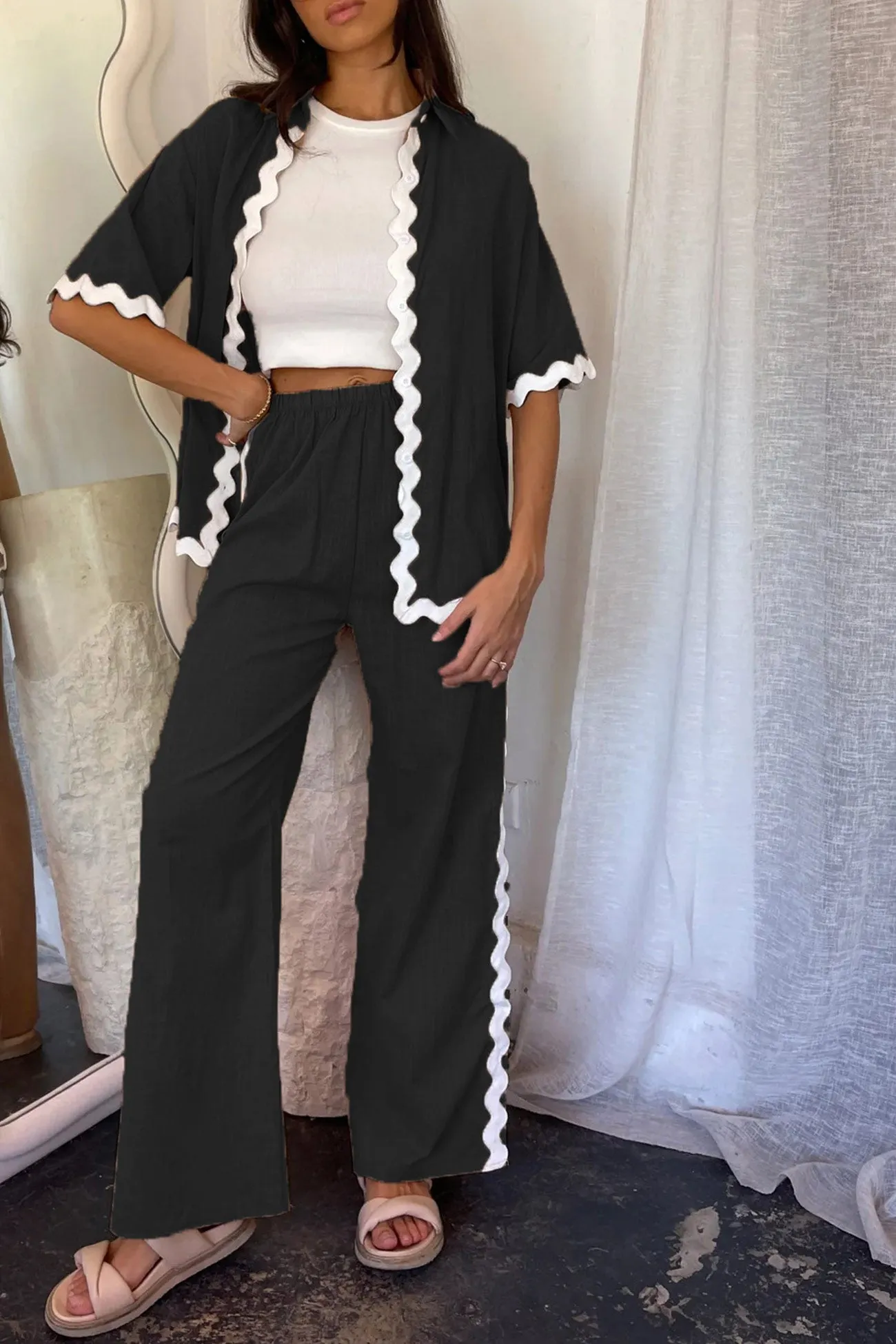 Maxct Wavy Stitching Blouse Long Pants Set