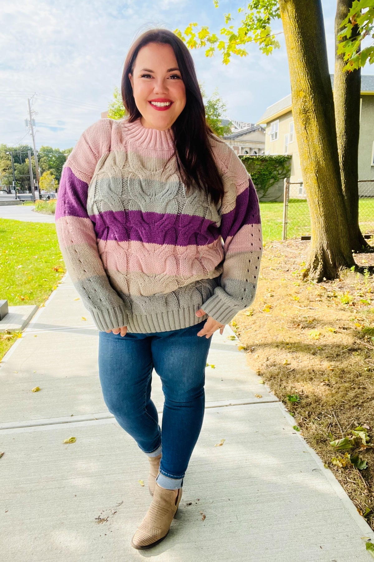 Maxct &Fall For You Mauve Multicolor Stripe Cable Knit Mock Neck Sweater