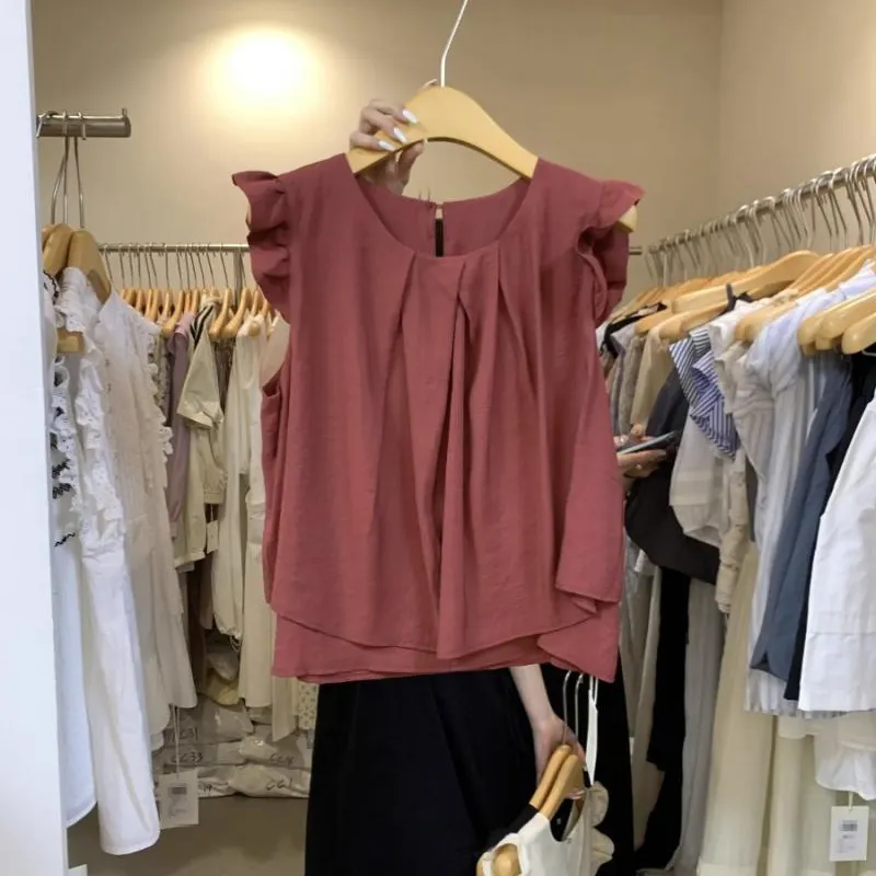 Maxct Women French Style Retro Sleeveless Solid Casual Tops Summer Thin O-neck Flying Sleeve Tender Sun-proof Office Ladies
