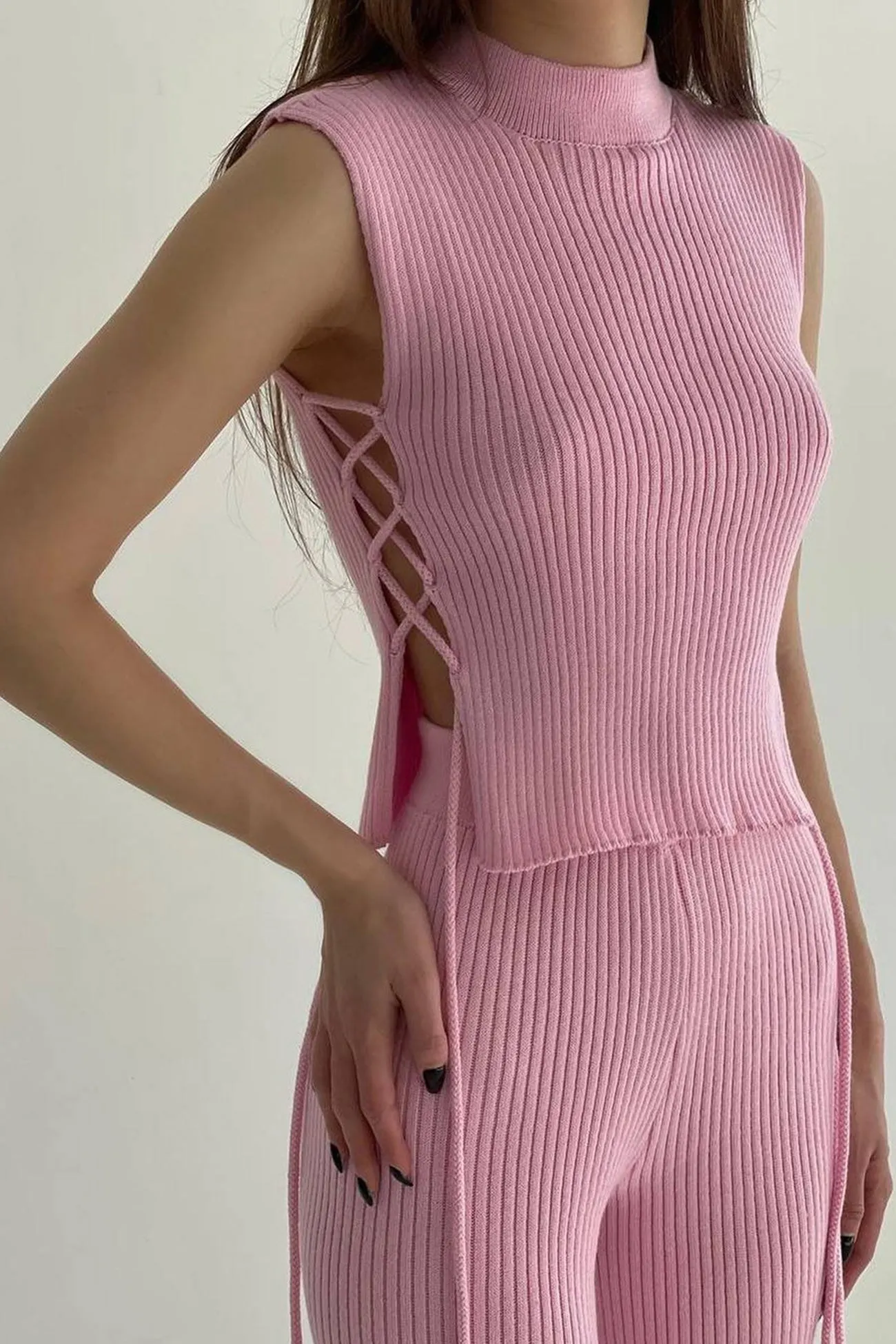 Maxct Ribbed Knit Lace-up Tank Top Pants Suits