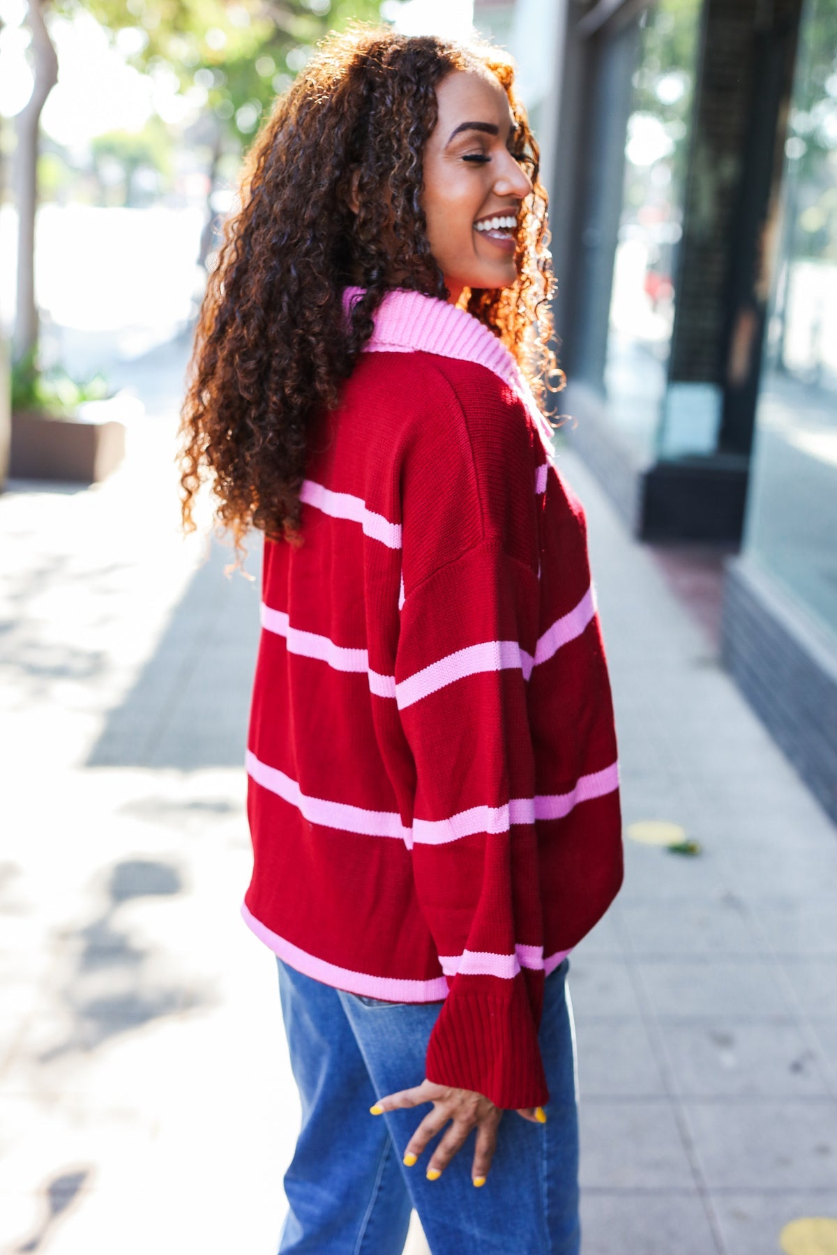 Maxct &Fall For You Crimson Stripe Notched Neck Collared Oversized Sweater