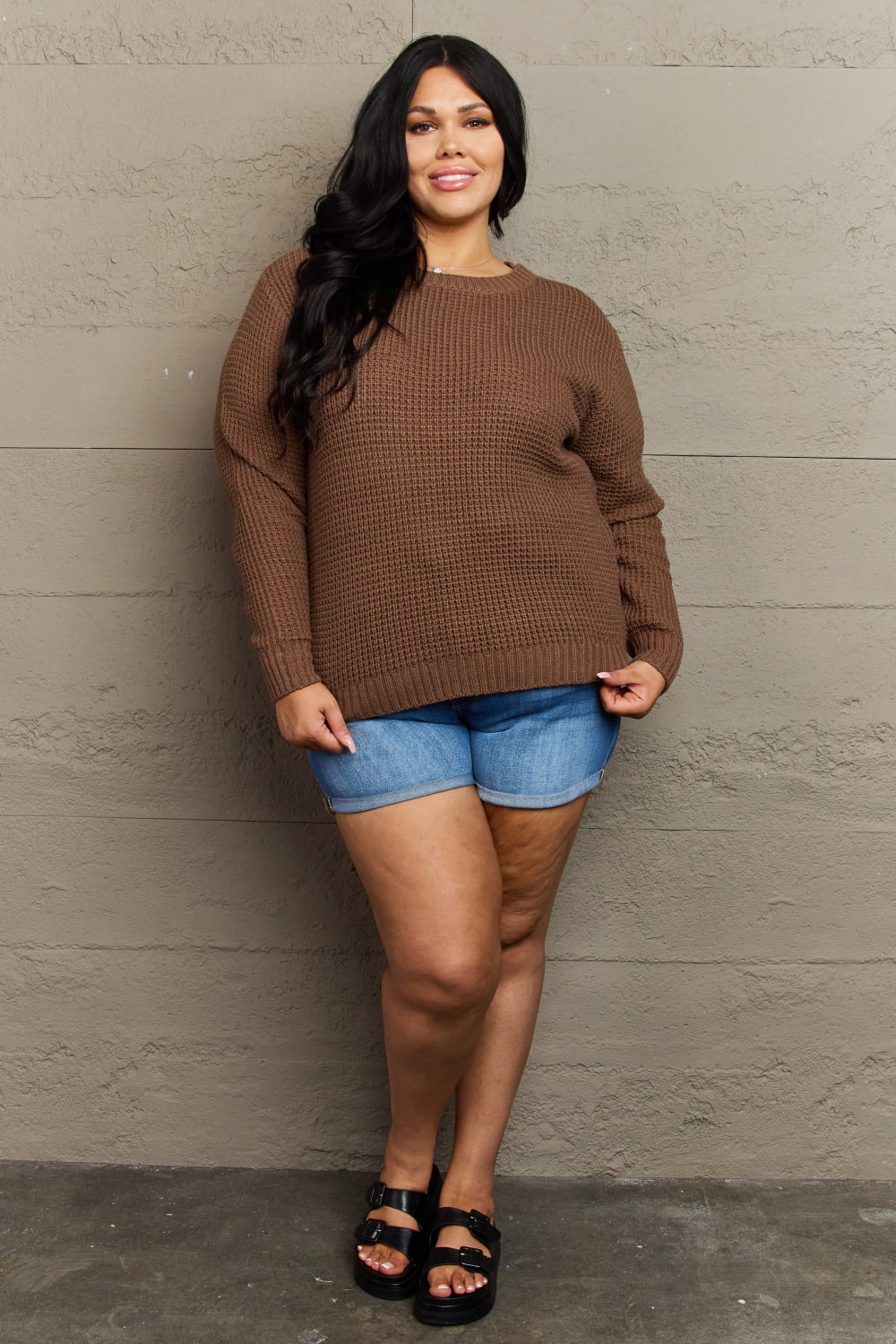 Maxct &Zenana Breezy Days Plus Size High Low Waffle Knit Sweater