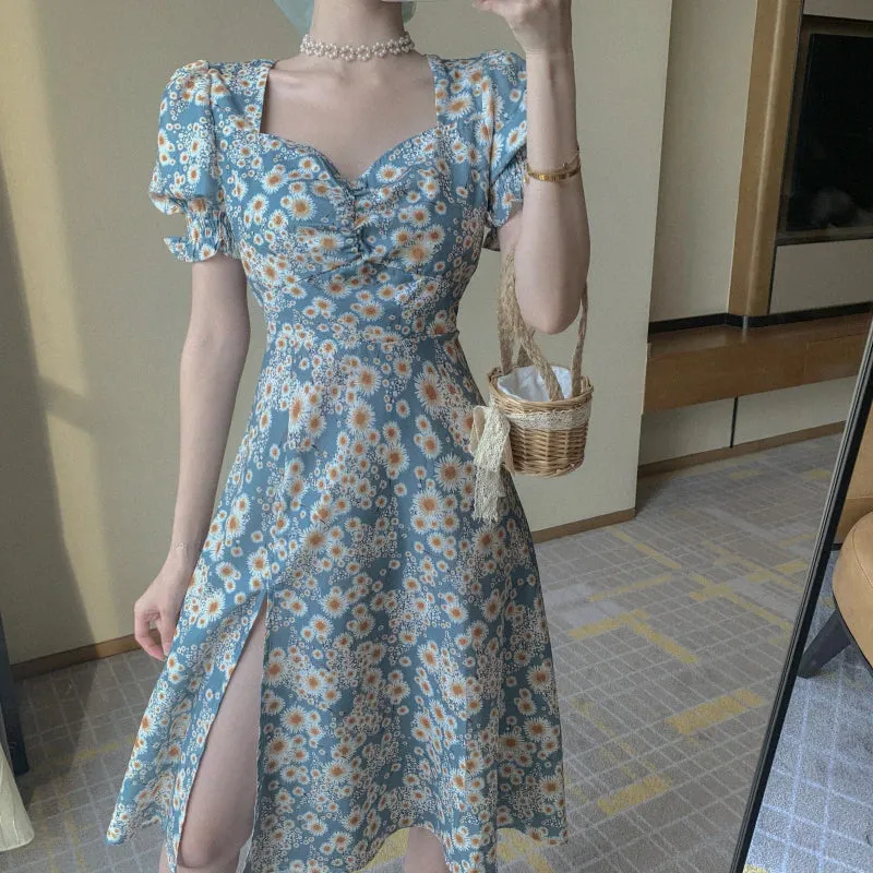 Flowers Pattern Puff Sleeve Split Dress Maxct