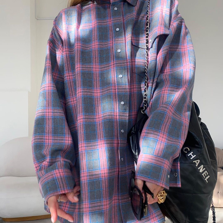 Retro Lapels Lattice Loose Shirt For Women Single-Breasted Long Sleeves Stripe Summer New Casual Versatile Pocket Shirt