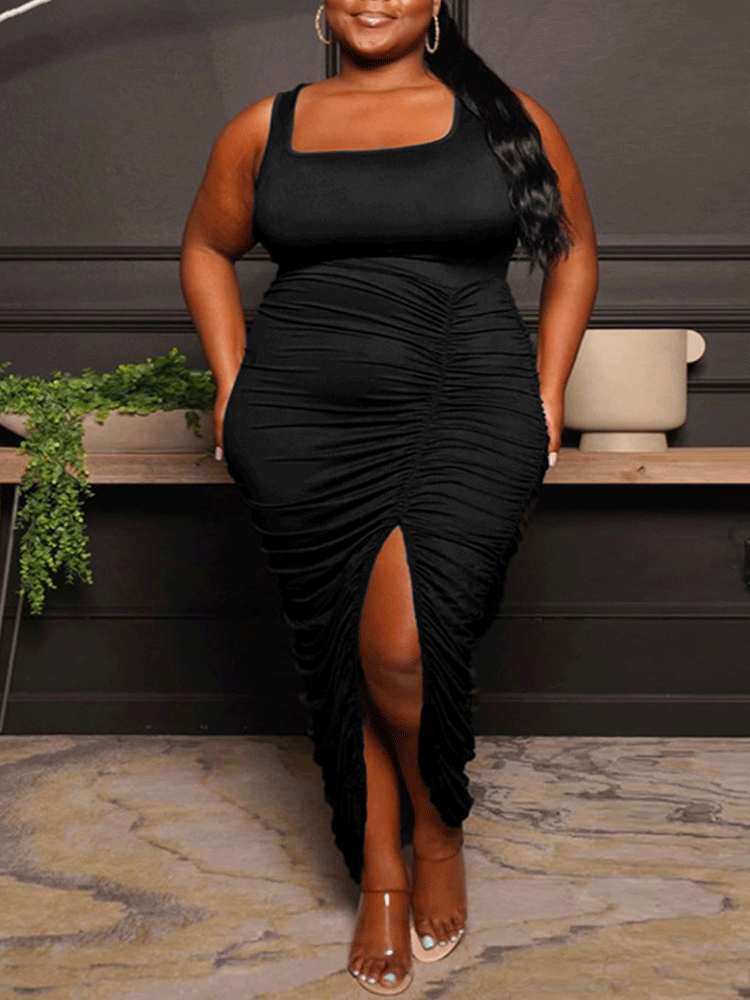 Ruched Bodycon Slit Midi Dress Maxct