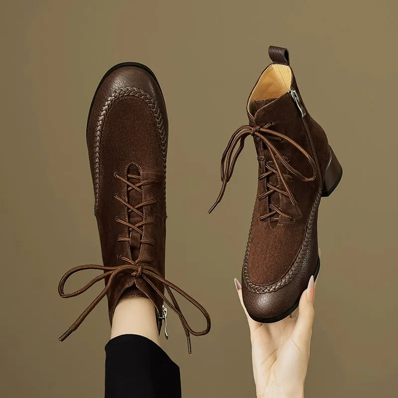 Maxct Retro Sheepskin Leather Sueded Chunky Boots
