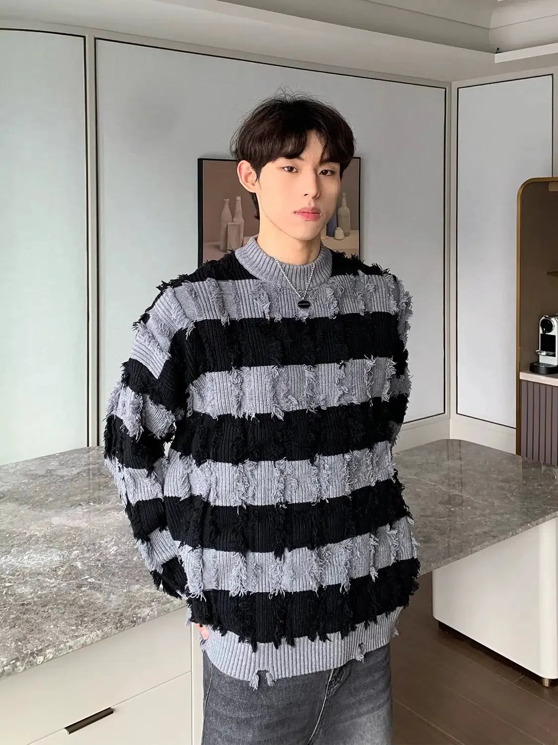 Maxct Half Turtleneck Striped Destroyed Sweater