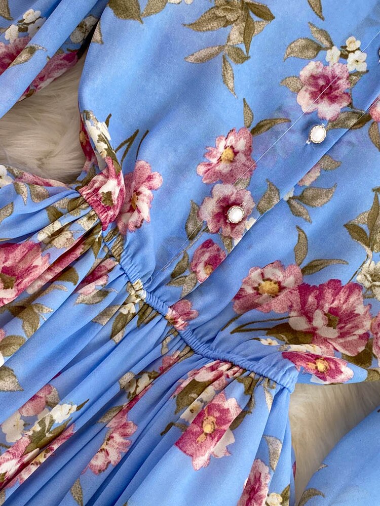 Maxct Vintage Floral Chiffon Long Dress Elegant O-Neck Puff Sleeve High Waist A-Line Ruffle Hem Vacation Beach Maxi Vestidos