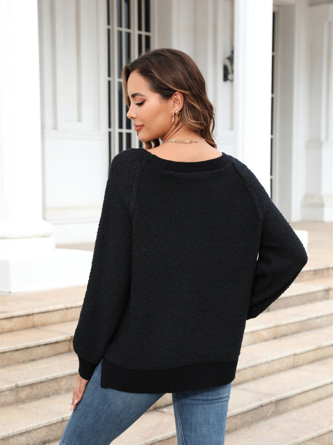 Maxct &Round Neck Ribbed Trim Sweater