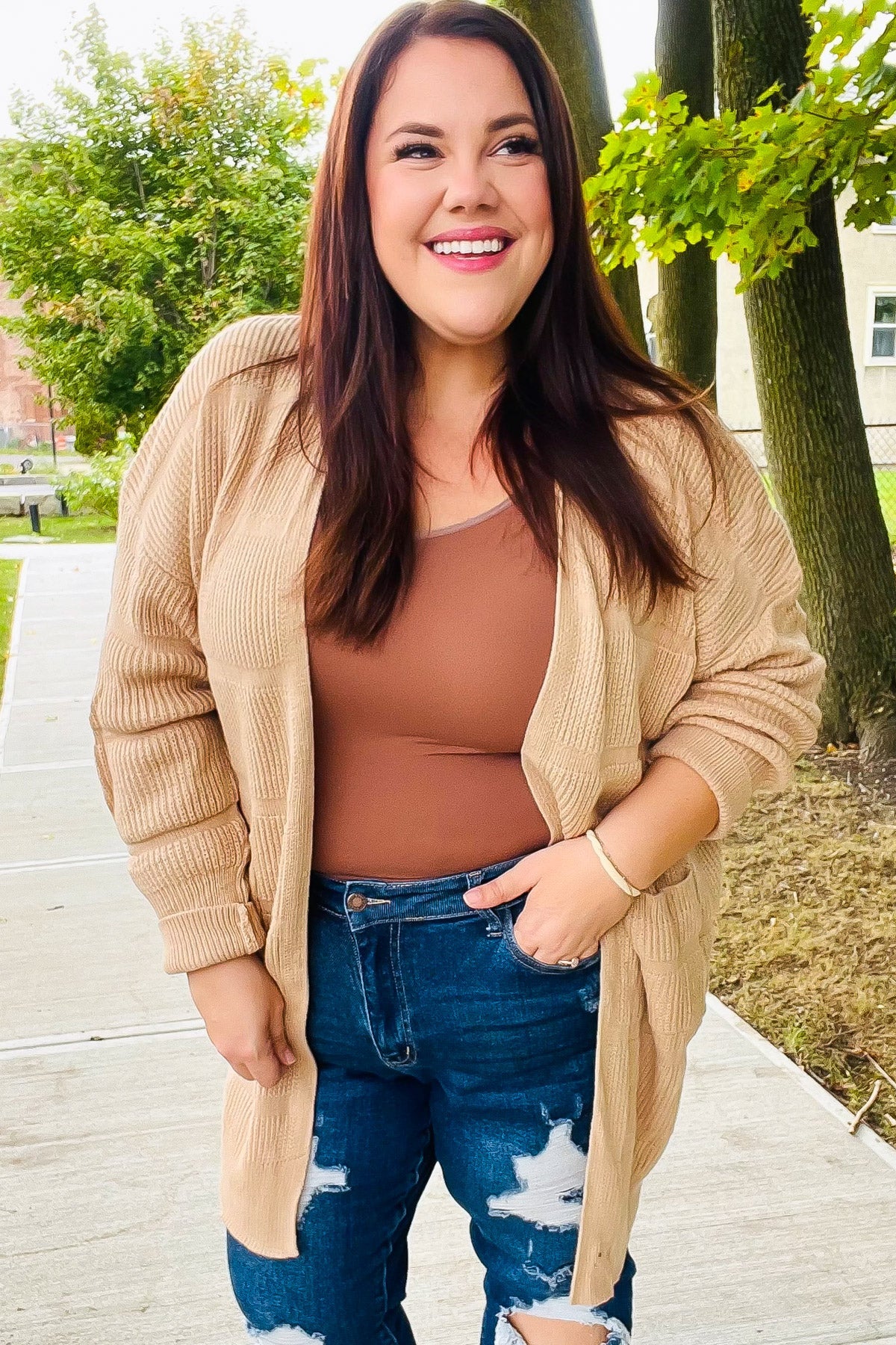 Maxct &You Got This Oatmeal Striped Knit Open Cardigan