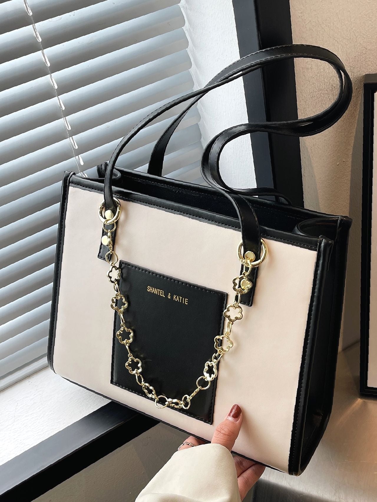 Maxct - Letter Graphic Two Tone Shoulder Tote Bag  - Women Tote Bags