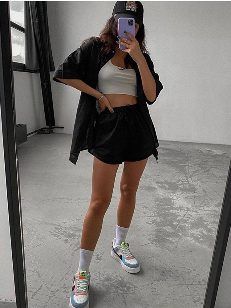 Maxct Casual Tracksuit Women's Shorts Suits Green Streetwear Short Sleeve Shirt Tops Loose Drawstring Mini Shorts Two Piece Set