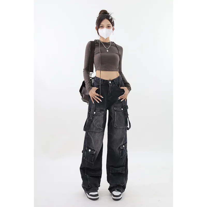 Y2K Emo Korean Vintage Streetwear Black Cargo Baggy Jeans for Women - true deals club