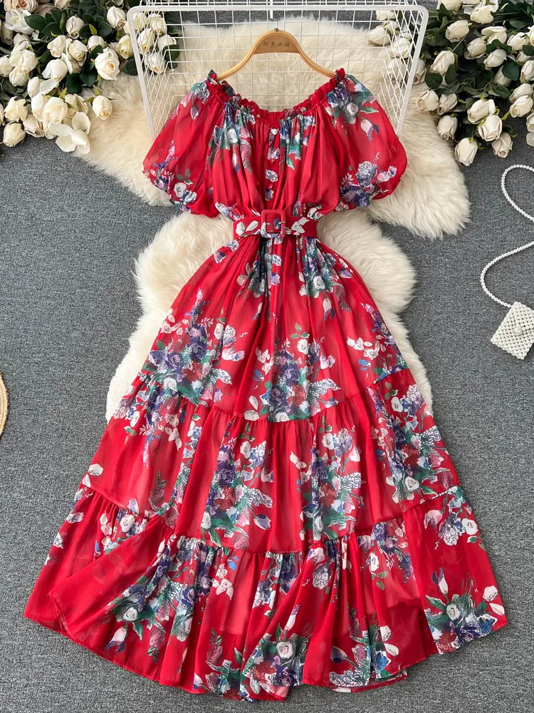 Bohemian Floral Chiffon Long Dress Women Sexy Off Shoulder Ruffle Puff Short Sleeve High Waist A-Line Big Swing Vestidos