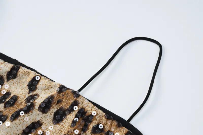 Leopard Print Spaghetti Shoulder Strap Square Collar Mini Dress Sparkly Sequins Party Club Y2K Clothes