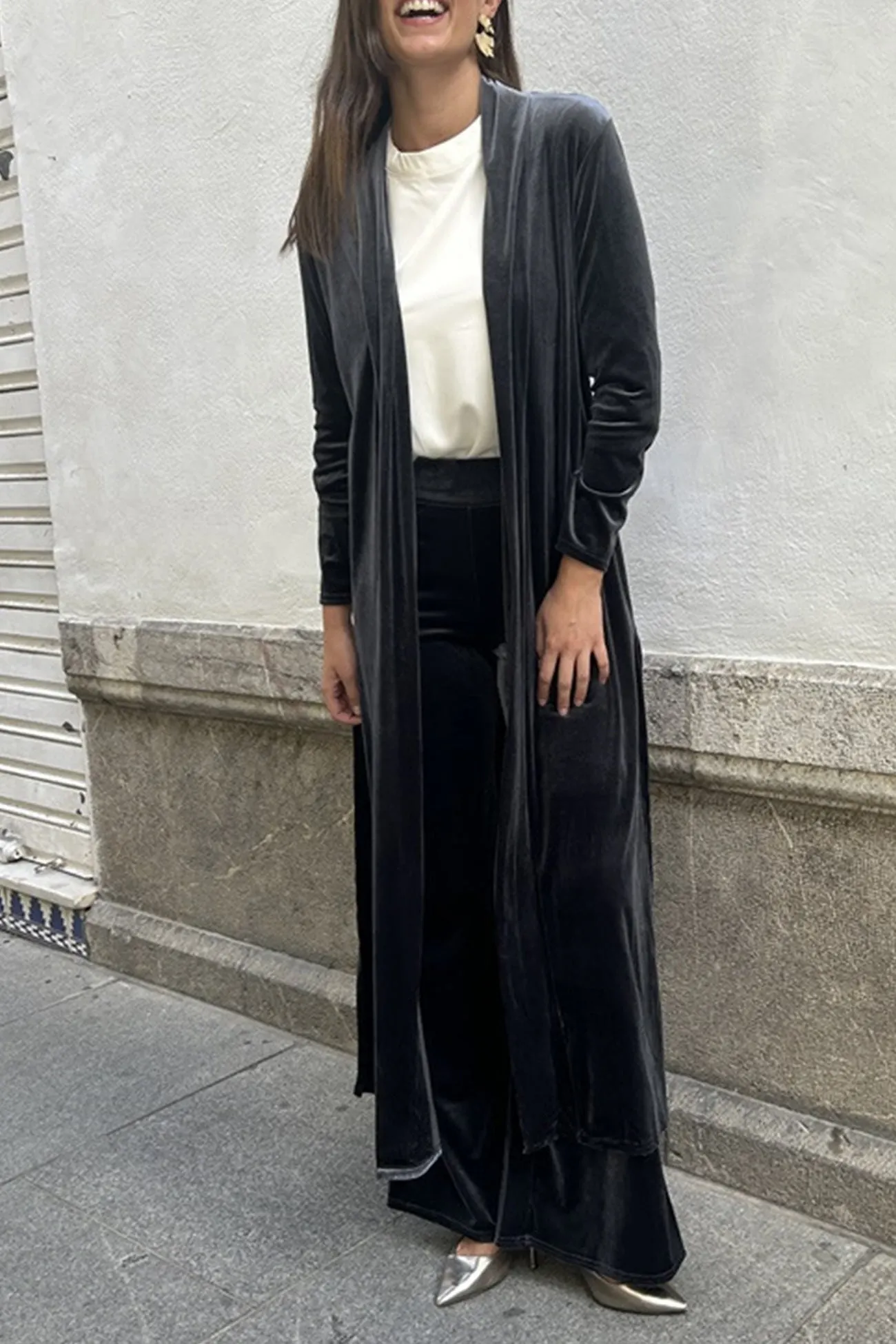 Maxct Velvet Slit Long Cardigan Two-piece Pants Suits