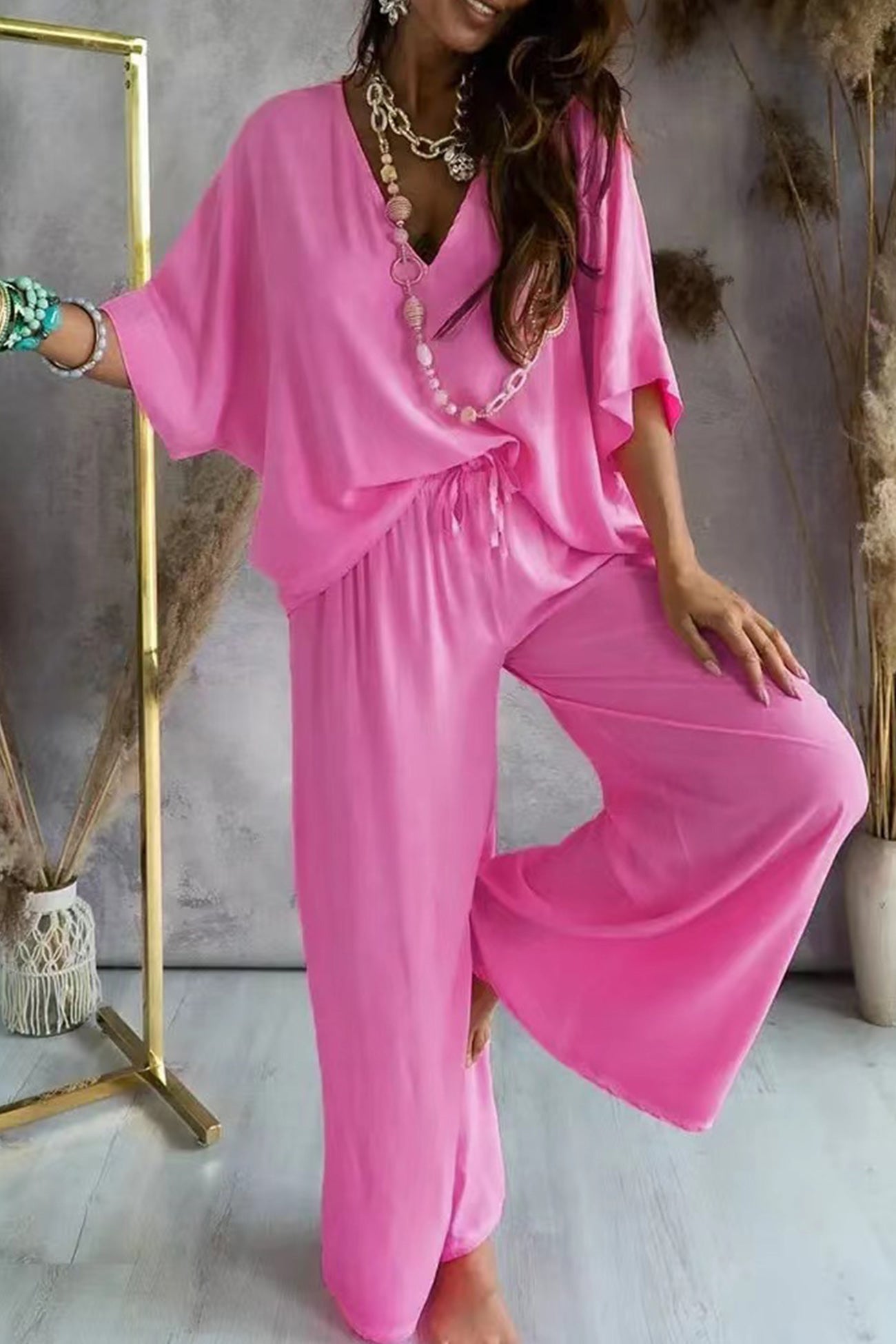 Maxct V Neck Bat Sleeve Solid Shirt Suits