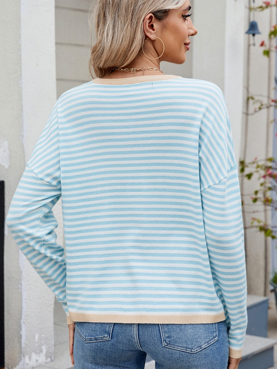 Maxct &Striped Contrast Round Neck Long Sleeve Sweater