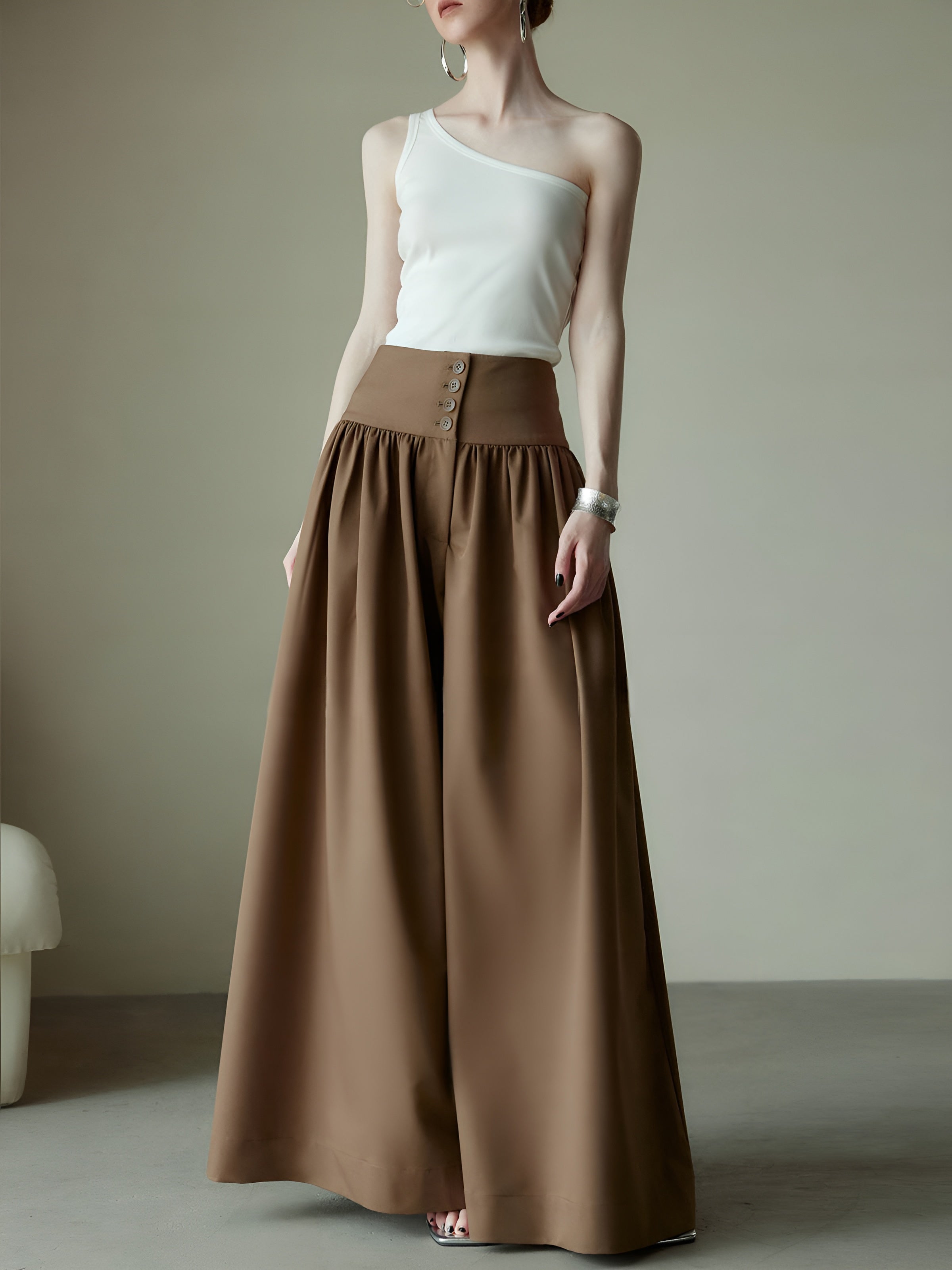 Maxct Pleated High-Waist Button Wide Leg Long Pants