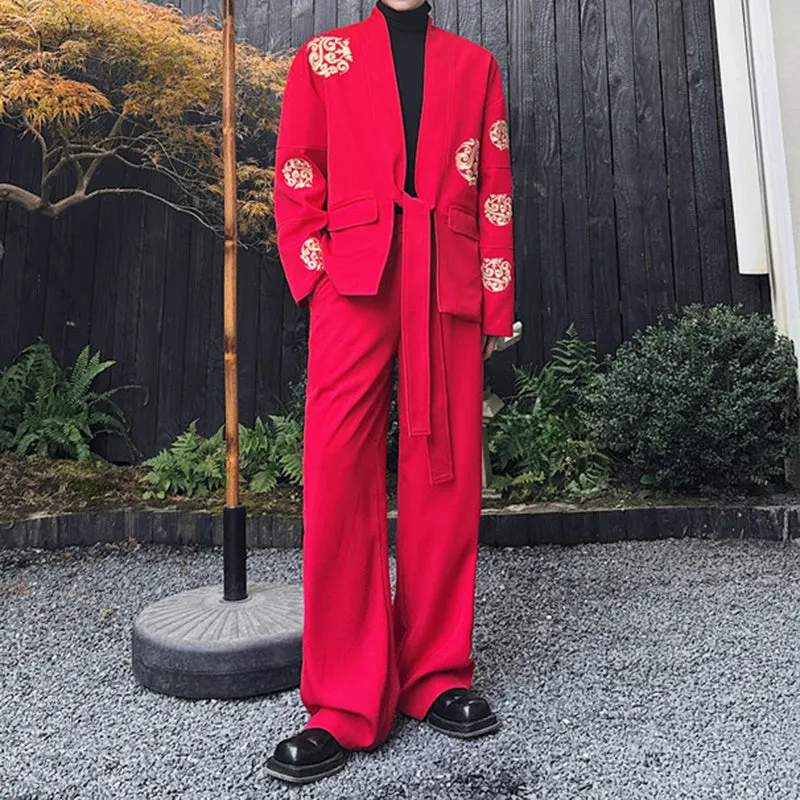 Maxct Retro Cirrus Embroidered Red Suit Jacket Wide-leg Trousers Two-piece Set