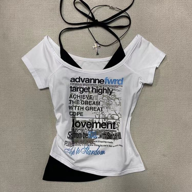 Maxct American Retro Y2K Fake Two Letter Printed T-Shirt Women Fashion Streetwear Hot Girls Slim Sexy Harajuku Millennium Casual Top