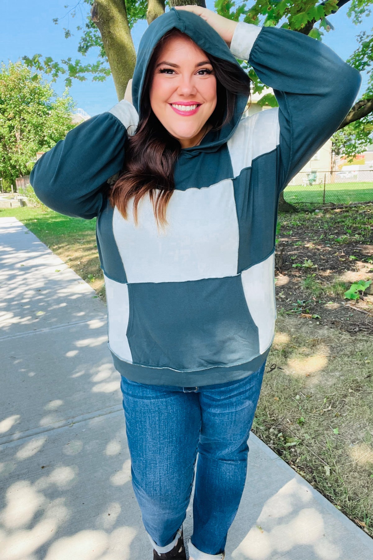 Maxct &Adorable In Hunter Green Color Block Check Print Terry Hoodie
