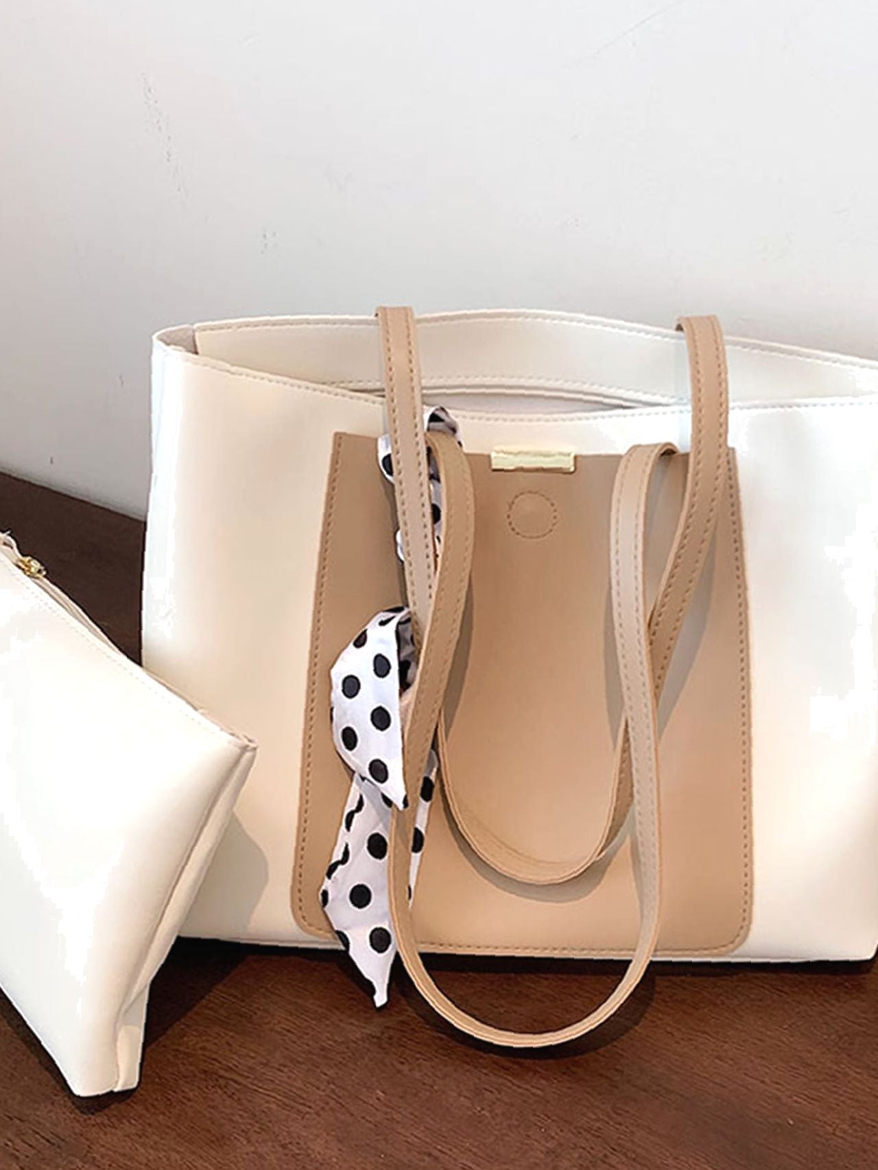 Maxct - Two Tone Scarf Decor Shoulder Tote Bag  - Women Tote Bags